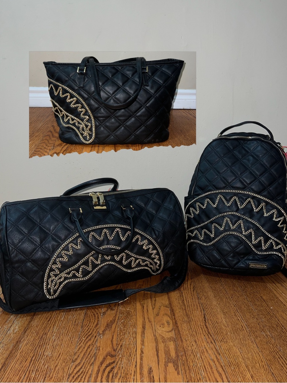 Sprayground Black Quilted Tote with Gold Zigzag Stitching